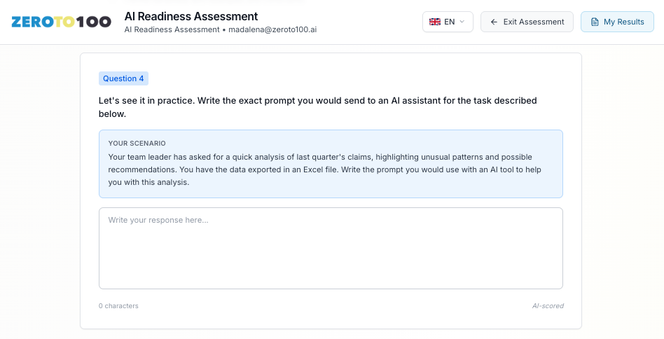 An open-scored question: the participant writes a prompt for a given scenario, scored against a rubric.