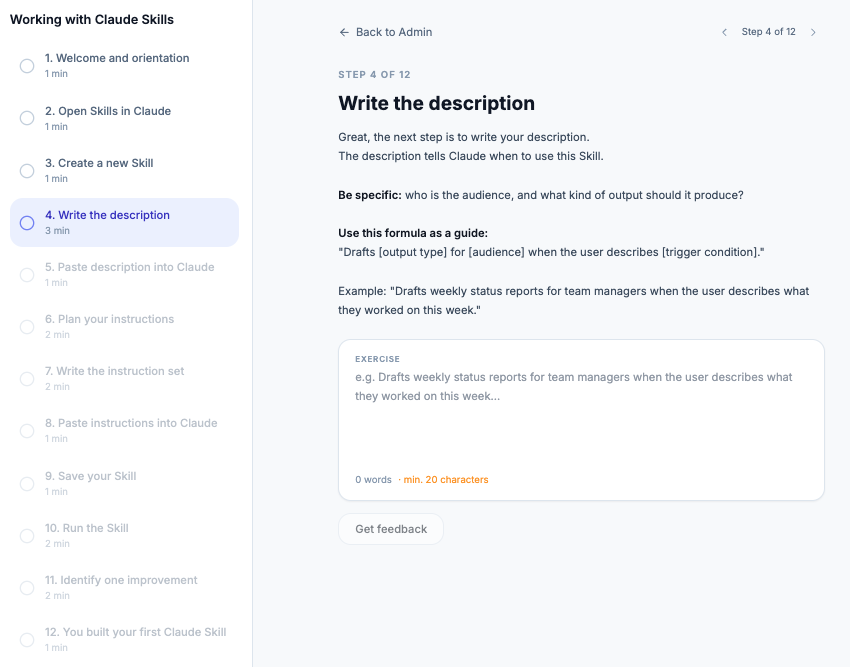 A skill step: try it, submit a result, and get scored AI feedback.